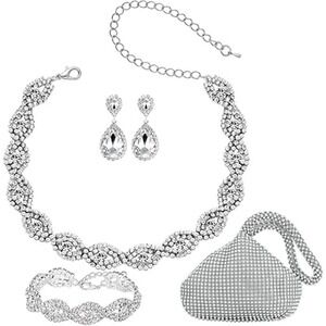Silver Crystal Necklace Set Cubic Rhinestone Necklace Bracelet Earrings Handbag